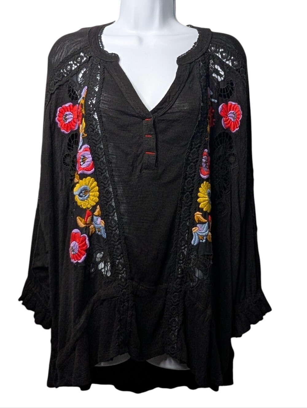 Free People Size Small Black Semi Sheer Gauze Boho Oversized Blouse Hippie Goth